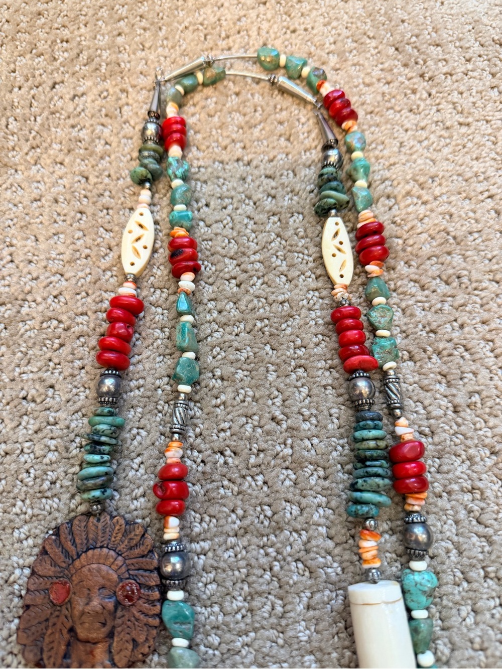 Carved Bone & Leather Chief Necklace w Heish Turquoise, Coral, Spiney Oyster - Picture 11 of 11